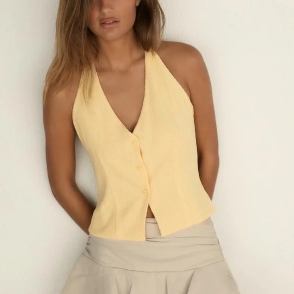 NWT ZARA Textured Fabric Vest Top Sleeveless Button Down Halter neck with Tie - Picture 1 of 9